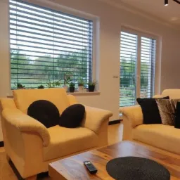 Salon z dwoma oknami z żaluzjami poziomymi, jasnymi fotelami i drewnianym stolikiem kawowym z pilotem.