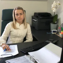 Kobieta w białej bluzce siedzi przy biurku w biurze, trzyma długopis nad dokumentami, na biurku klawiatura, kalkulator, monitor, drukarka i storczyk.