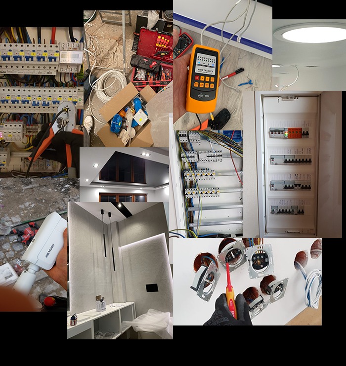 Zestawienie zdjęć z różnych etapów prac elektrycznych: rozdzielnice, gniazdka w trakcie montażu, oświetlenie sufitowe, tester okablowania, kamera monitoringu Hikvision.