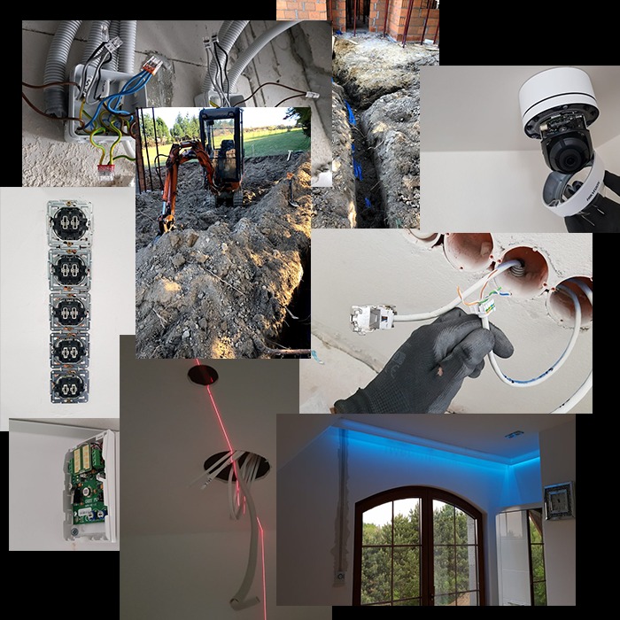 Kompozycja zdjęć przedstawiająca różne etapy prac elektrycznych: instalacja gniazdek, wykop pod kable, montaż kamery, podłączenie kabli, instalacja oświetlenia LED.
