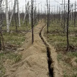 Długi, wąski wykop w ziemi, biegnący między rzędami młodych drzewek owocowych, z betonowymi słupkami widocznymi w tle, wykonany prawdopodobnie pod instalację nawadniającą.