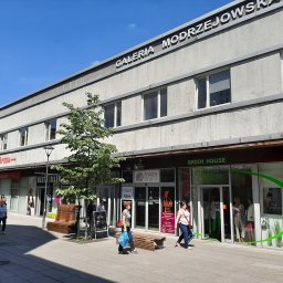 Gabinety Psychoterapii ARIADNA Sosnowiec - Fasada budynku Galerii Modrzejowska z licznymi lokalami usługowymi, w tym gabinetem psychoterapii Ariadna, widok z chodnika w słoneczny dzień.