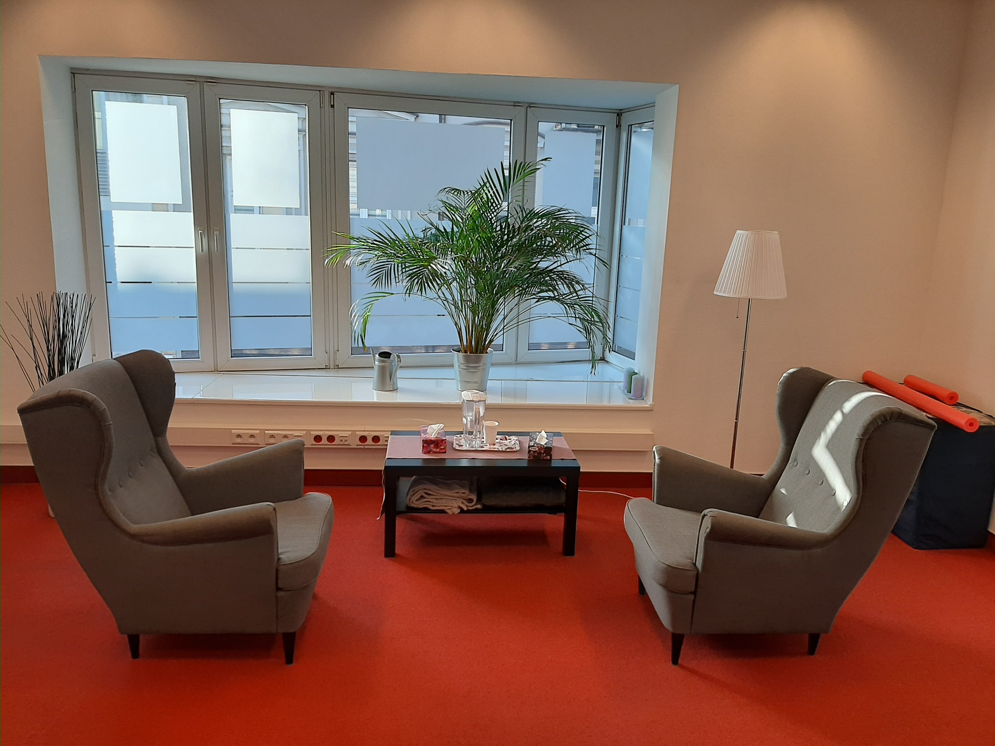 Pokój z dwoma szarymi fotelami z wysokim oparciem, niskim stolikiem z wodą i chusteczkami, rośliną doniczkową w oknie oraz czerwonym dywanem.