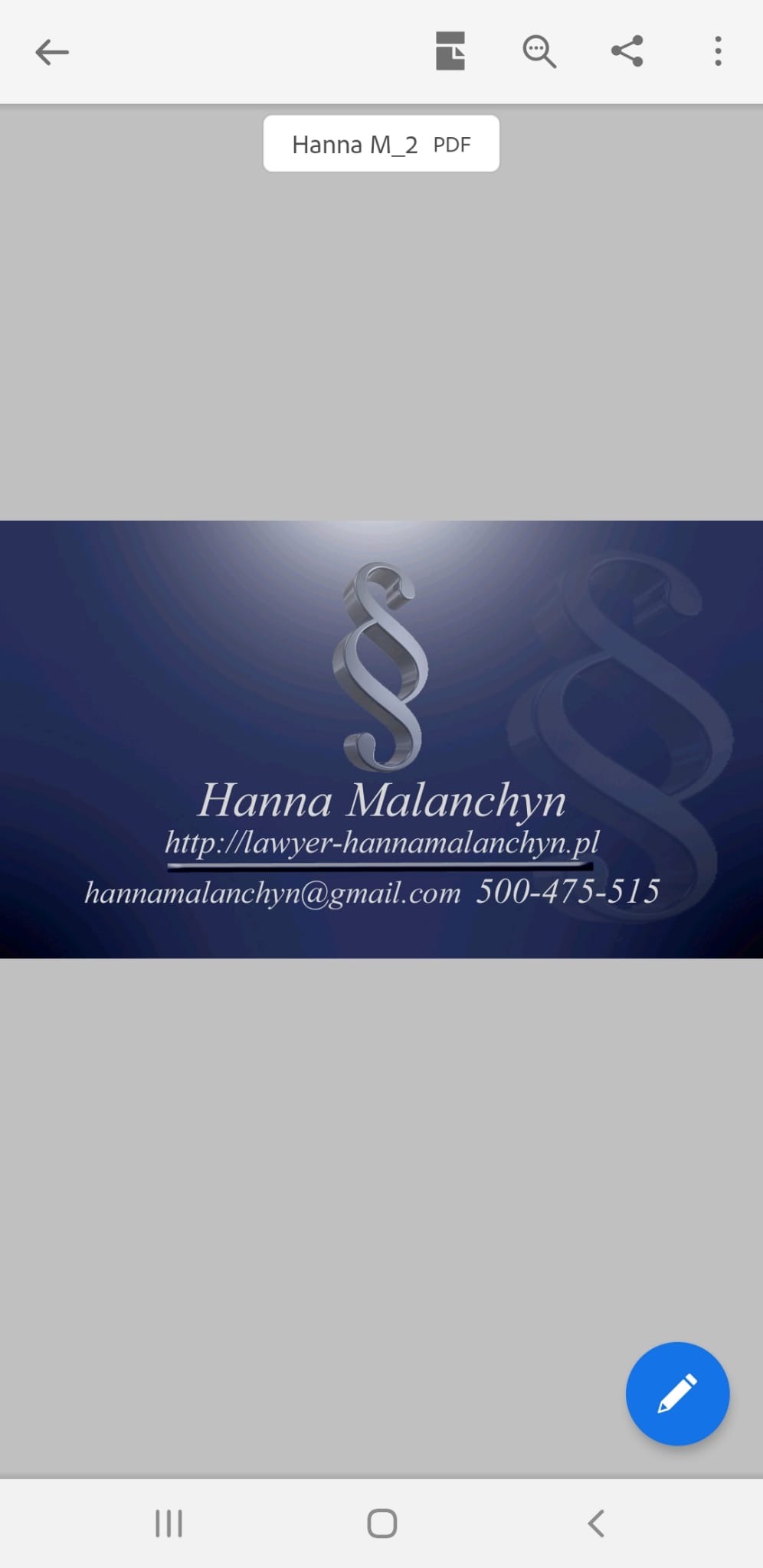 Wizytówka z symbolem paragrafu, imieniem i nazwiskiem Hanna Malanchyn, adresem strony internetowej lawyer-hannamalanchyn.pl, adresem email hannamalanchyn@gmail.com oraz numerem telefonu 500-475-515...