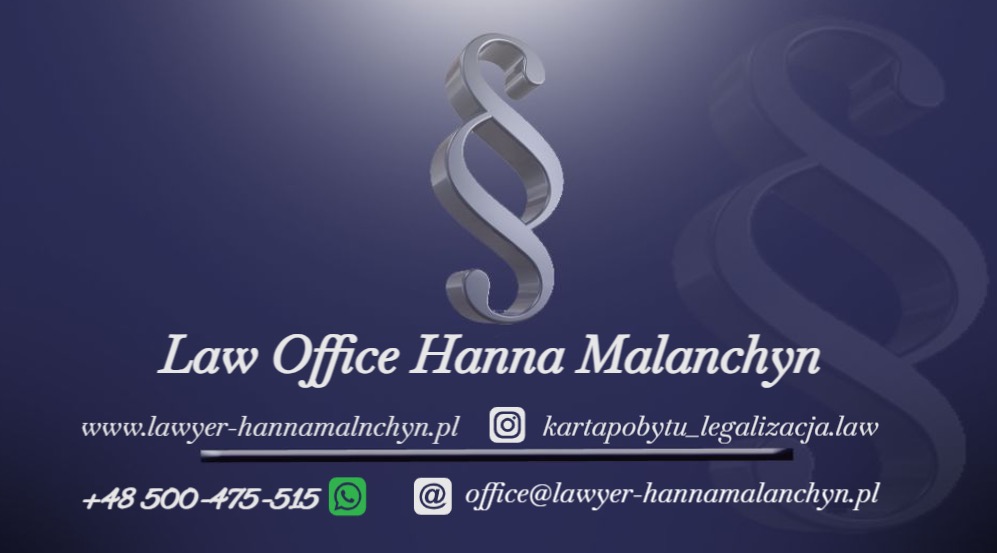 Wizytówka Law Office Hanna Malanchyn z adresem strony internetowej, kontem na Instagramie, numerem telefonu i adresem e-mail, na ciemnoniebieskim tle z symbolem paragrafu.