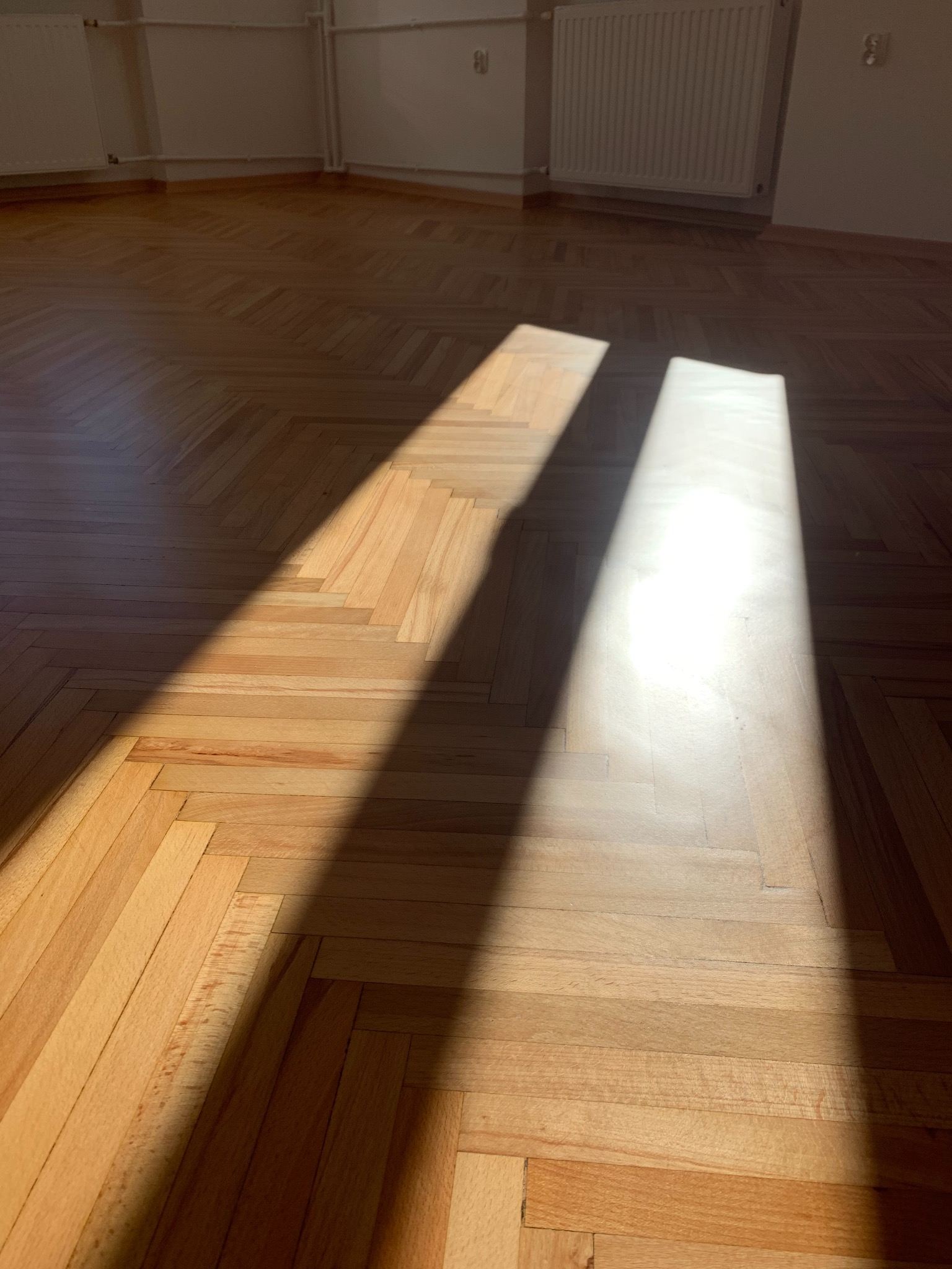 Parkiet ułożony w jodełkę, oświetlony promieniami słonecznymi wpadającymi przez okno, widoczne grzejniki na ścianie.