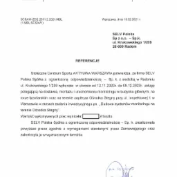 Skan dokumentu referencyjnego od Stołecznego Centrum Sportu Aktywna Warszawa dla firmy SELV Polska za montaż i uruchomienie monitoringu w Ośrodku Stegny, datowany na 18.02.2021 r.
