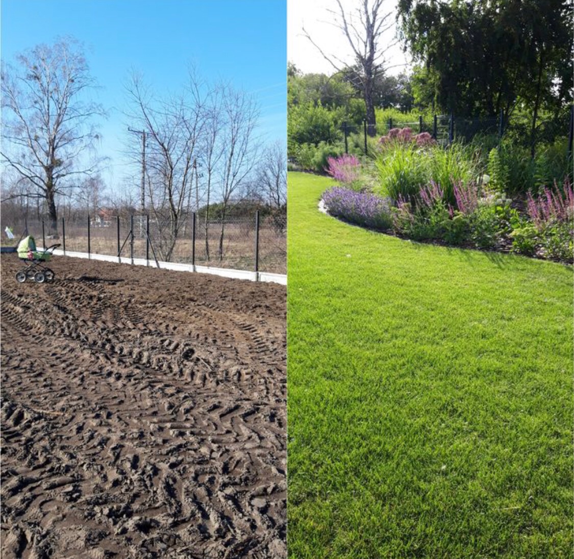 Porównanie terenu przed i po: z lewej przygotowane podłoże z widocznymi śladami opon, z prawej równy trawnik z rabatami kwiatowymi.