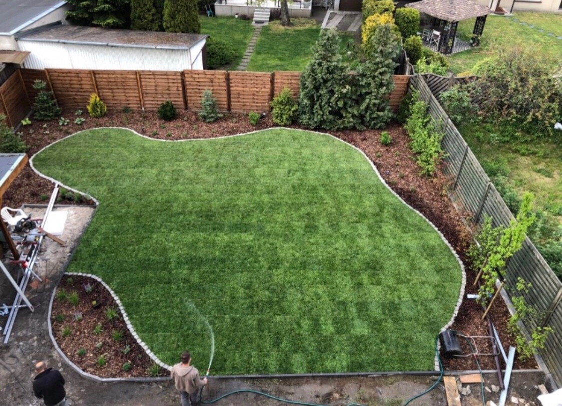 Widok z góry na świeżo założony trawnik o nieregularnym kształcie, obrzeżony jasnymi kamieniami i korą, podlewany przez mężczyznę w bluzie, z widocznymi elementami drewnianego ogrodzenia...