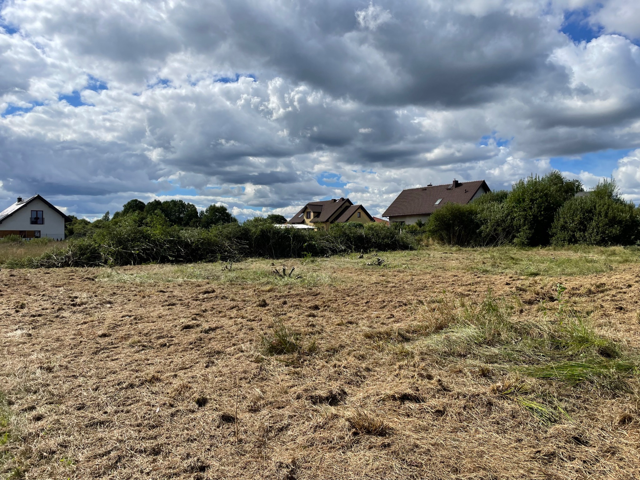 Przygotowany teren pod budowę z widocznymi śladami po niedawnym koszeniu trawy i usunięciu krzewów, w tle zabudowa jednorodzinna i zachmurzone niebo.