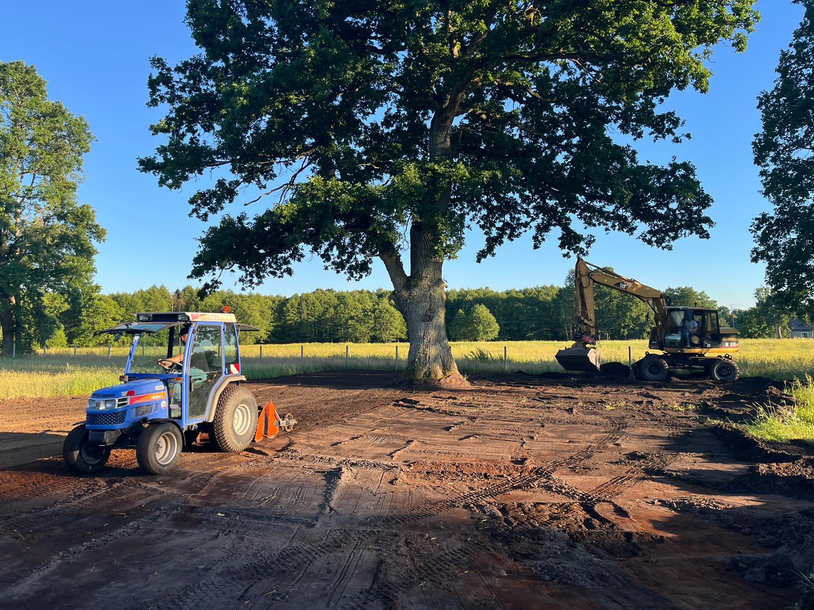 Niebieski traktor z glebogryzarką i żółta koparka pracują na przygotowanym placu pod rozłożystym dębem, w tle łąka z drzewami.