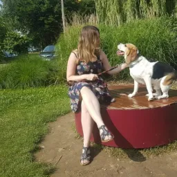Kobieta w kwiecistej sukience siedzi na okrągłej ławce, trzymając na smyczy psa rasy beagle stojącego na ławce, w tle zieleń parku.