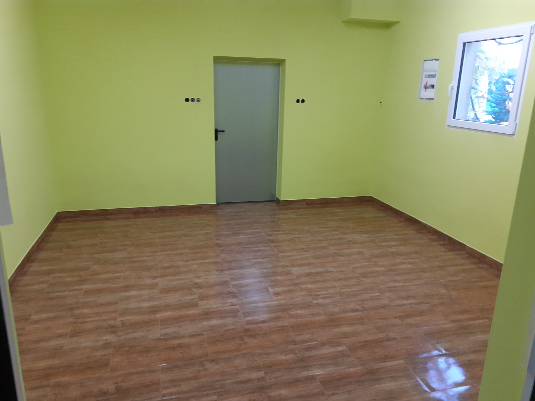 Pusty pokój po remoncie: ściany pomalowane na jasnozielony kolor, brązowa podłoga imitująca drewno, szare drzwi z czarną klamką, białe okno z widokiem na drzewa, widoczne puszki elektryczne...