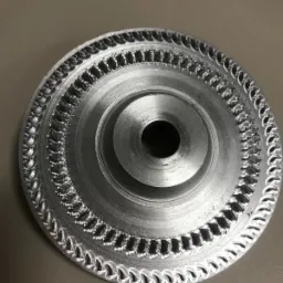 Precyzyjnie obrobiony, okrągły element metalowy z koncentrycznymi pierścieniami dekoracyjnych nacięć, widoczne ślady obróbki skrawaniem, centralny otwór.