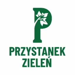 Zielone logo firmy Przystanek Zieleń z stylizowaną literą P, w którą wkomponowane są gałązki z liśćmi.