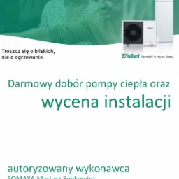 Grafika reklamowa z uśmiechniętą parą, wizualizacją pompy ciepła Vaillant i hasłem 'Darmowy dobór pompy ciepła oraz wycena instalacji', promująca autoryzowanego wykonawcę SOMAYA Mariusz Sobkowicz.