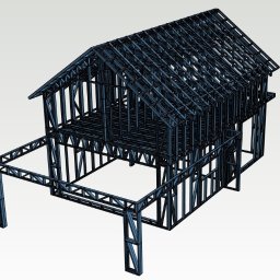 Rosil Bartłomiej Kryniewski - Wizualizacja 3D dwukondygnacyjnego domu ze stalową konstrukcją szkieletową, ukazująca detale połączeń i rozmieszczenie elementów nośnych.
