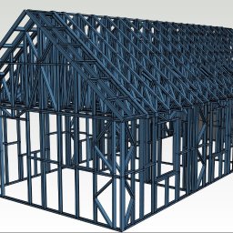 Rosil Bartłomiej Kryniewski - Wizualizacja 3D szkieletu domu z niebieskich profili stalowych, ukazująca konstrukcję ścian i dachu.