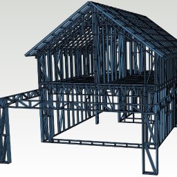 Rosil Bartłomiej Kryniewski - Dwukondygnacyjny szkielet domu z metalowych profili, ukazujący konstrukcję nośną z garażem w bryle budynku, widok z perspektywy.