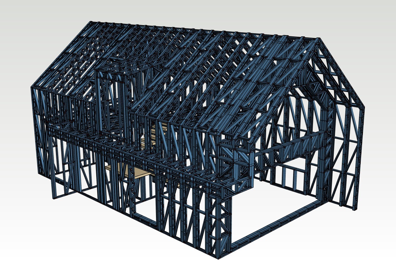 Wizualizacja 3D ramy konstrukcyjnej dwukondygnacyjnego budynku z widocznym szkieletem dachu, belek stropowych i słupów nośnych.
