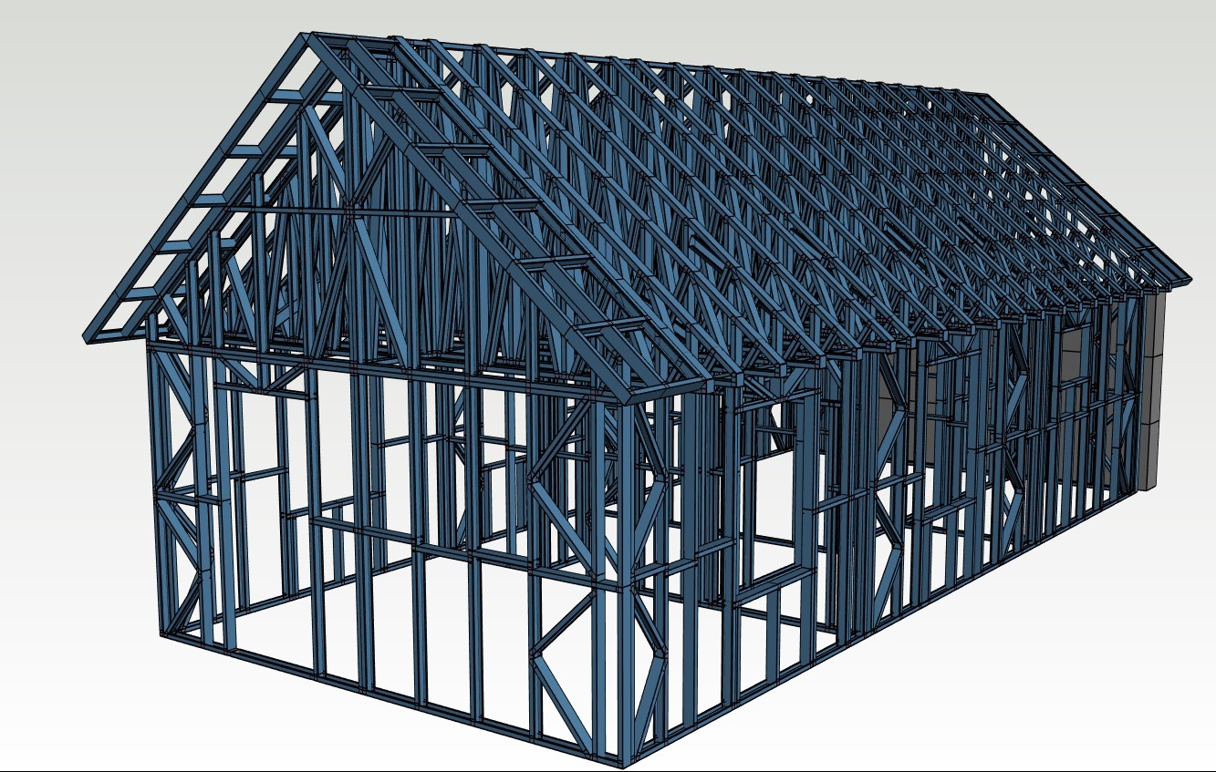 Wizualizacja 3D szkieletu domu z niebieskich profili stalowych, ukazująca konstrukcję ścian i dachu.