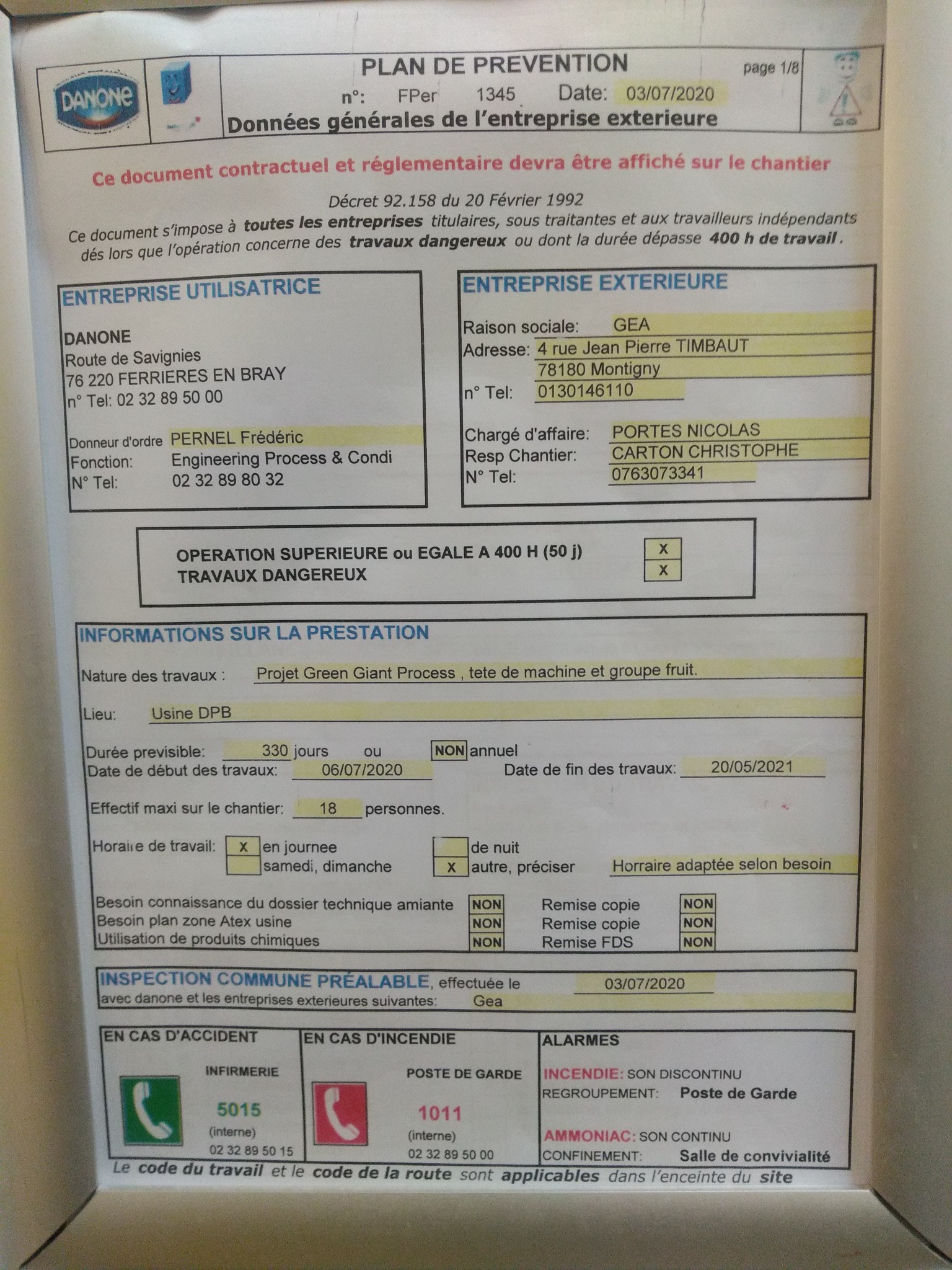 Dokument 'Plan de Prevention' dla firmy Danone i GEA, dotyczący prac przy projekcie Green Giant Process w Usine DPB, zawierający informacje o charakterze prac, terminach, liczbie osób na budowie...