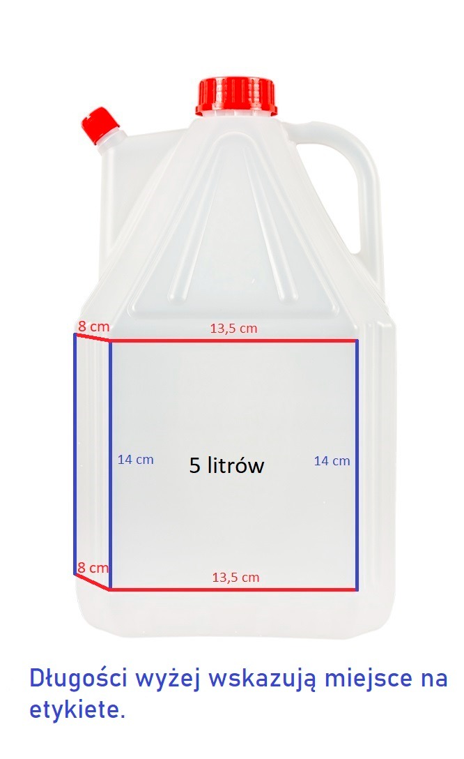 Pusta, biała, plastikowa 5-litrowa kanka z czerwonymi zakrętkami, z zaznaczonymi wymiarami przestrzeni na etykietę.