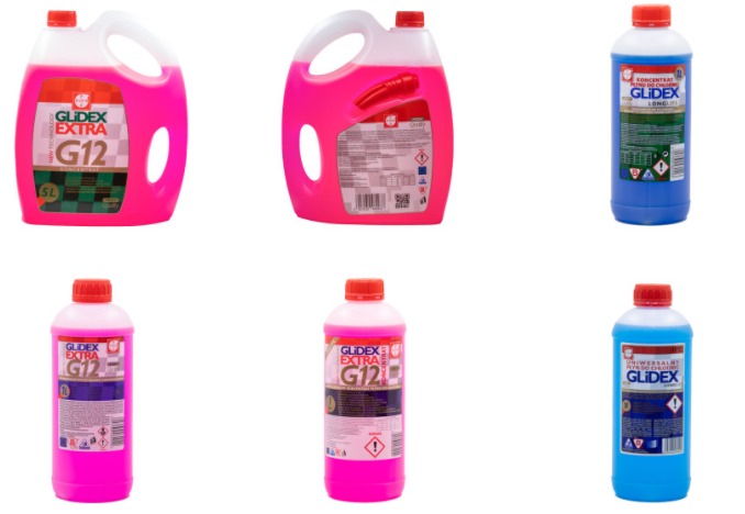 Sześć pojemników z płynami eksploatacyjnymi do pojazdów w odcieniach różu i błękitu, na białym tle, prezentowane w formacie 3x2.