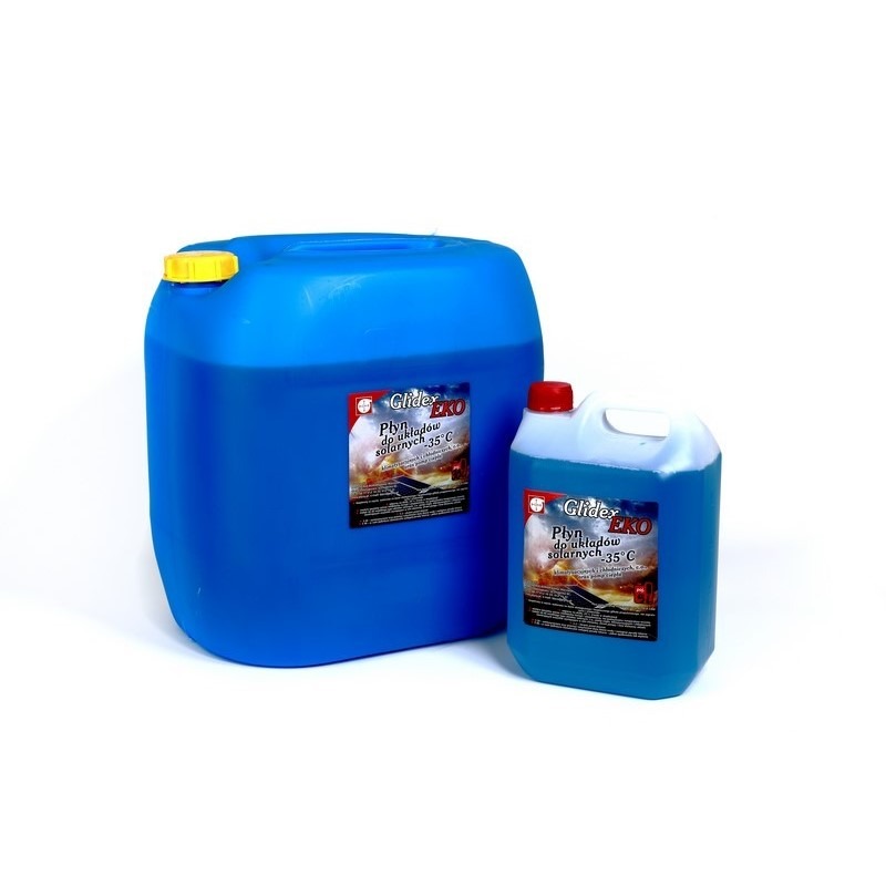 Dwa pojemniki z płynem do układów solarnych, większy niebieski z żółtą nakrętką i mniejszy niebieski z czerwoną nakrętką, oba z etykietą Glidex EKO, na białym tle.