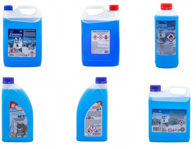 Sześć opakowań płynu do spryskiwaczy w różnych pojemnościach (1L, 2L, 5L) i o różnych temperaturach zamarzania, ustawionych na białym tle.