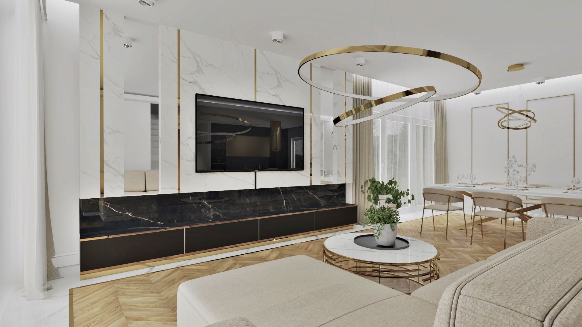 Elegancki salon z marmurową ścianą, czarnym kominkiem, złotymi akcentami i nowoczesnym oświetleniem, widok na jadalnię w tle.