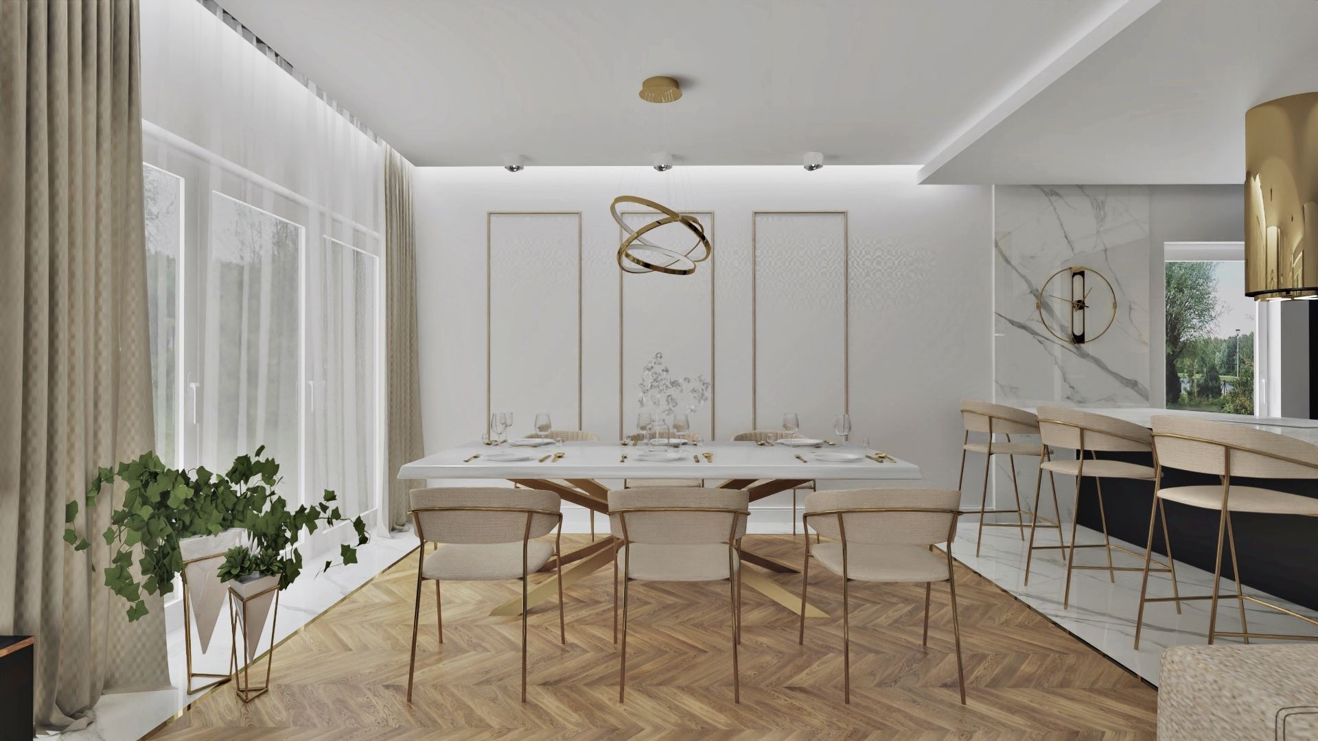 Elegancka jadalnia w jasnych barwach z parkietem w jodełkę, białym stołem na złotej podstawie, beżowymi krzesłami i złotą lampą pierścieniową. W tle marmurowy panel z zegarem i widok na zieleń za...