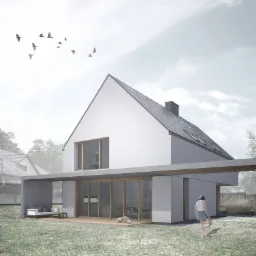 Wizualizacja nowoczesnego domu jednorodzinnego z białymi ścianami i szarym dachem, z dużymi przeszkleniami i drewnianym tarasem, na którym leży pies. Na trawniku stoi kobieta, a na niebie widać...