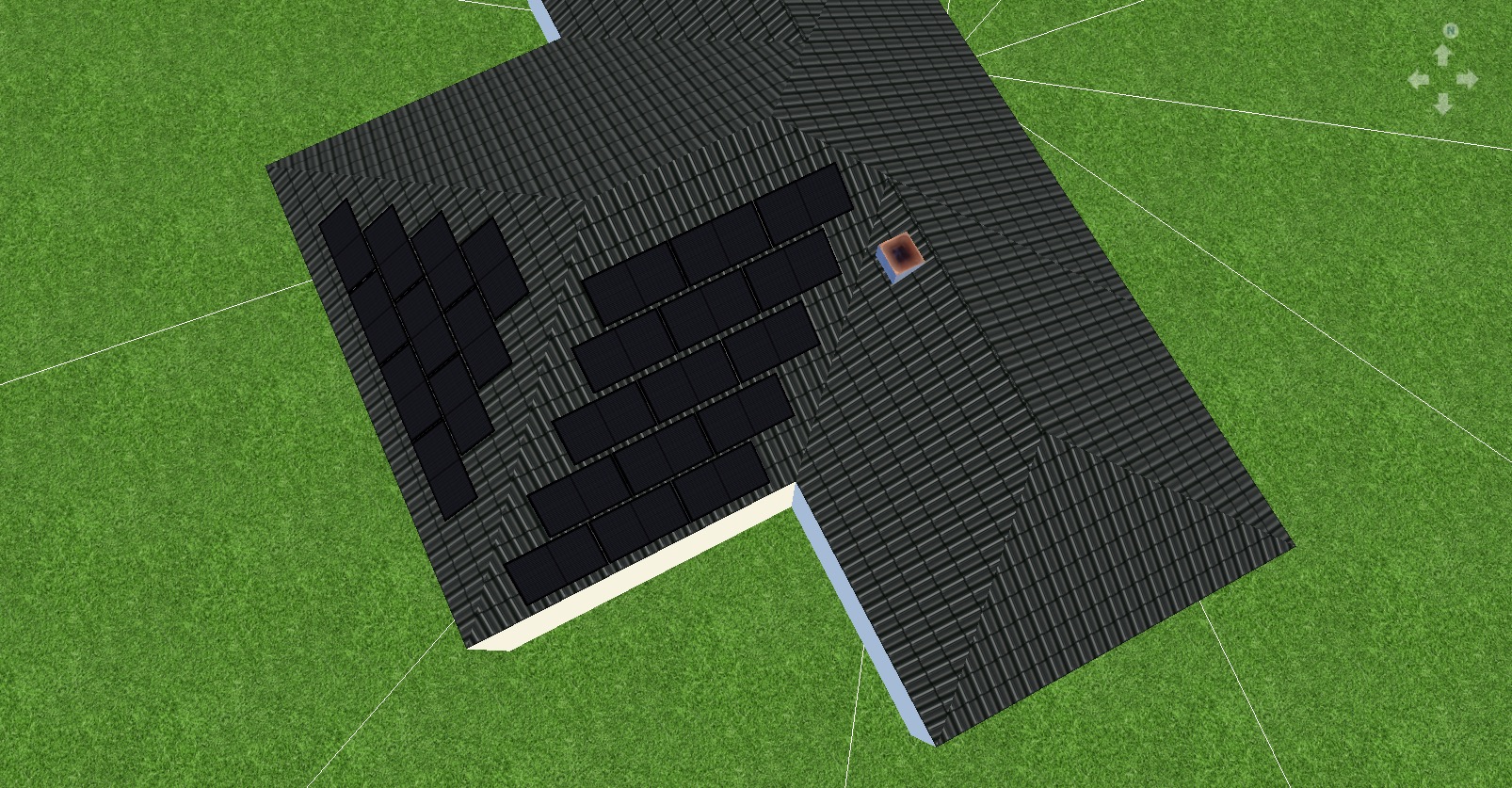 Wizualizacja z lotu ptaka dachu domu z panelami słonecznymi, otoczonego zielonym trawnikiem.