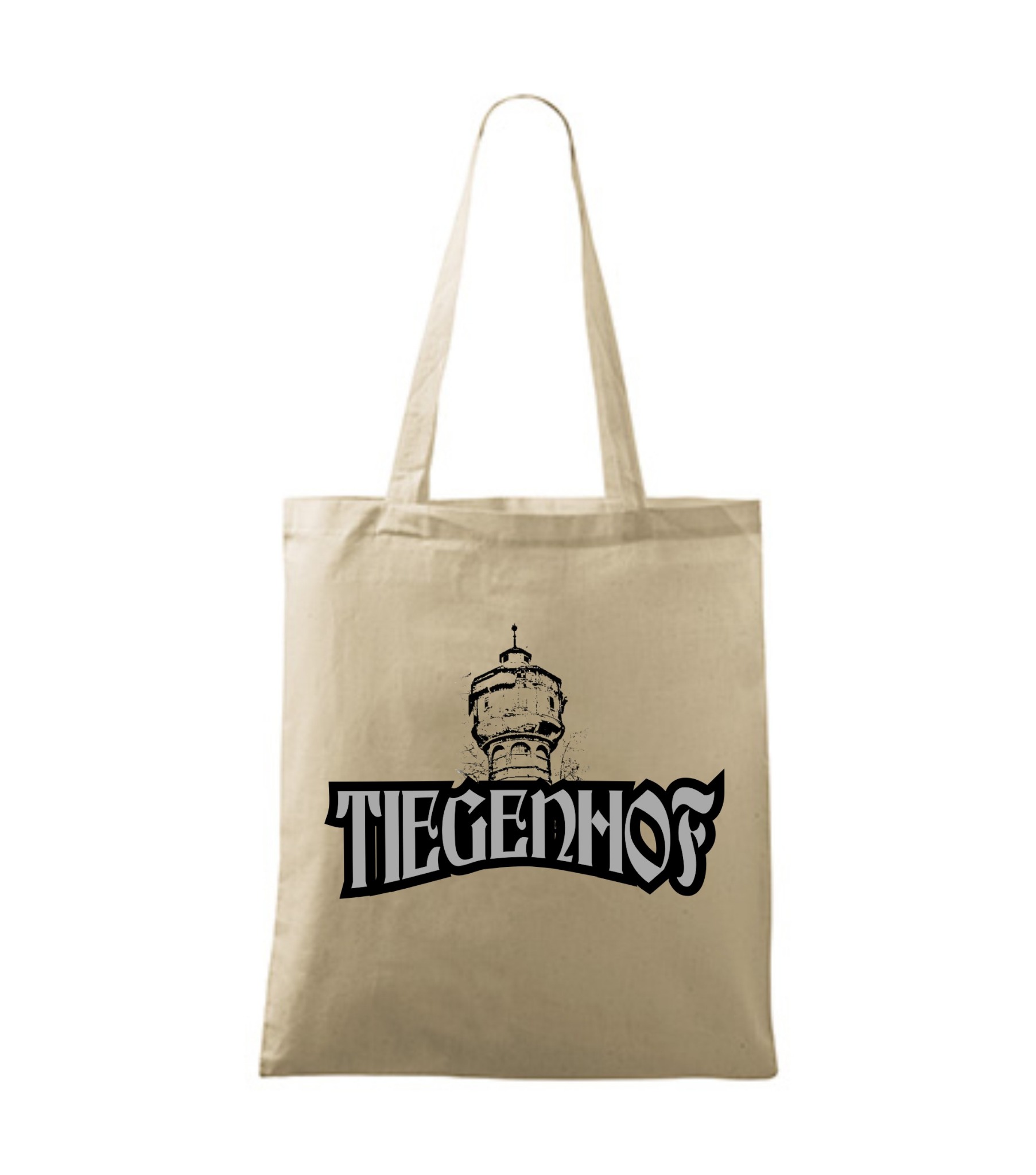 Beżowa torba bawełniana z czarnym nadrukiem wieży ciśnień i napisem 'Tiegenhof' w gotyckim stylu.