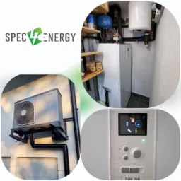 Kompozycja z trzech ujęć: zewnętrzna jednostka pompy ciepła zamontowana na ścianie budynku, wewnętrzna instalacja grzewcza z zasobnikiem oraz panel sterowania SHK 200 z podświetlonym ekranem.