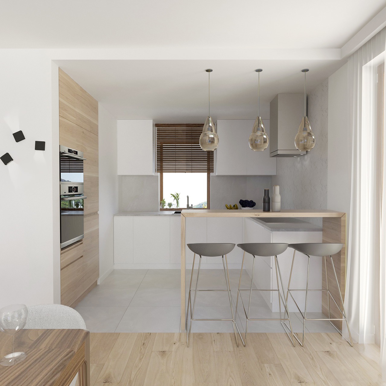Jasna kuchnia w minimalistycznym stylu z drewnianymi akcentami, wyspą z trzema szarymi hokerami i wiszącymi lampami o kształcie kropli, widok z jadalni.