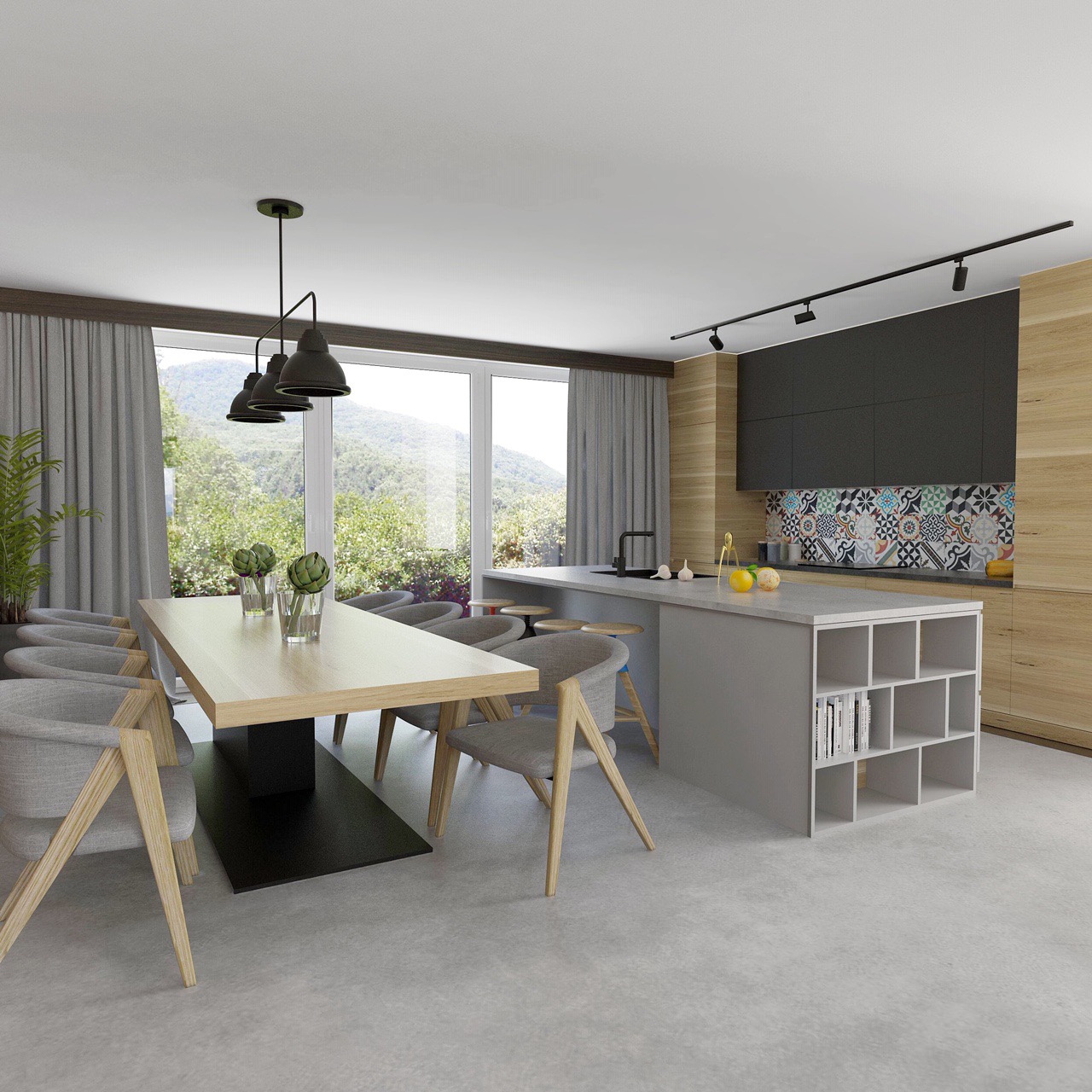 Wizualizacja nowoczesnej kuchni z jadalnią w Warszawie, z drewnianymi akcentami i wyspą z półkami na książki, widok na góry za oknem.