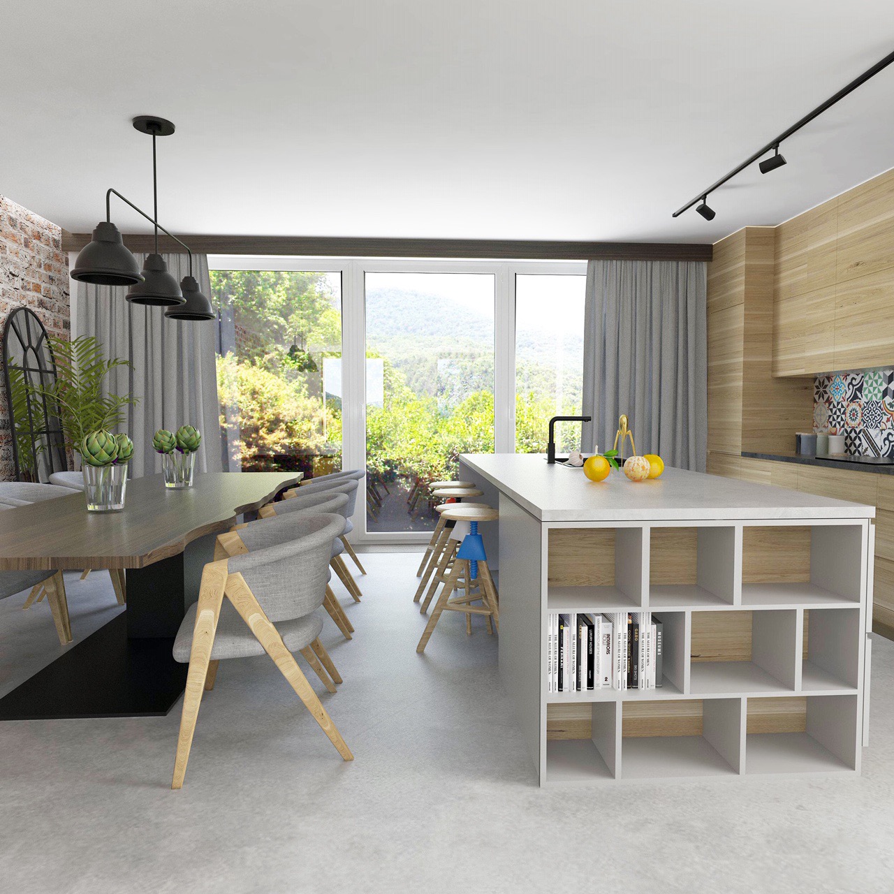 Jasne, nowoczesne wnętrze kuchni z wyspą, jadalnią i dużym oknem z widokiem na zieleń. Krzesła z drewnianymi nogami i szarą tapicerką otaczają stół z blatem imitującym drewno. Wyspa kuchenna...