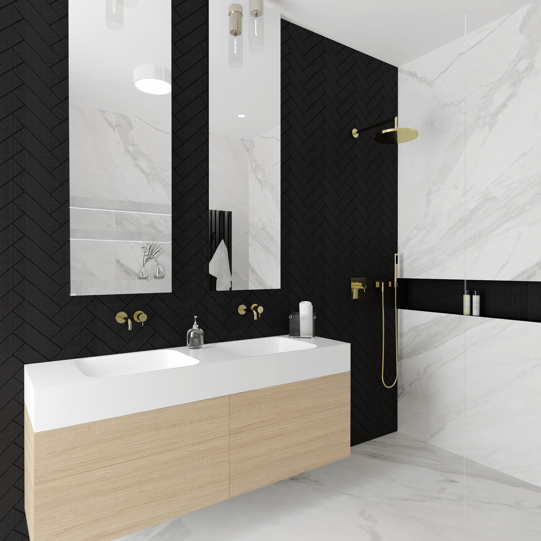 Nowoczesna łazienka z dwoma umywalkami na drewnianej szafce, czarną ścianą w jodełkę i marmurową ścianą pod prysznicem z złotą armaturą.