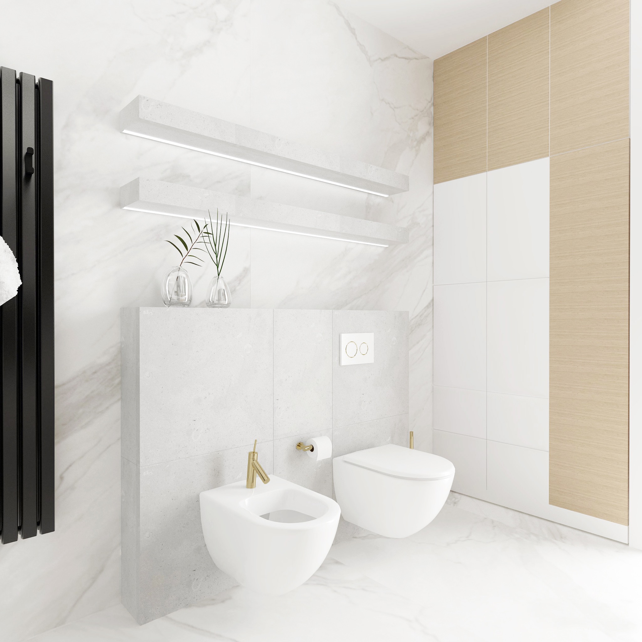 Nowoczesna łazienka z białymi marmurowymi płytkami, podwieszanym bidetem i toaletą, złotą armaturą, czarnym grzejnikiem drabinkowym i podświetlanymi półkami z dekoracyjnymi roślinami.