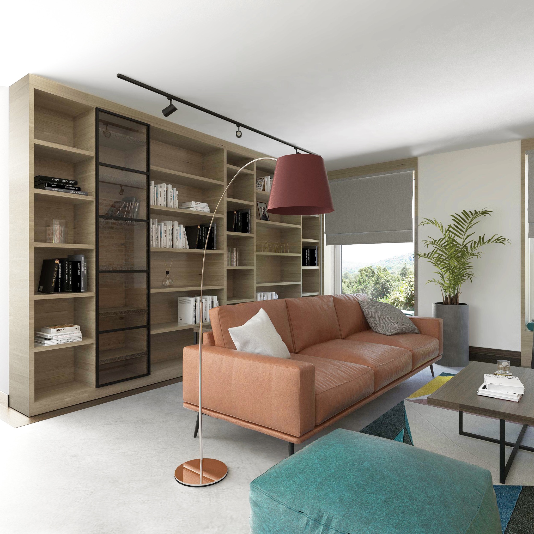 Nowoczesny salon z dużą biblioteczką z jasnego drewna, skórzaną kanapą w odcieniach brązu, turkusowym pufem i lampą podłogową z czerwonym abażurem. Na stole leżą książki i szklanka.