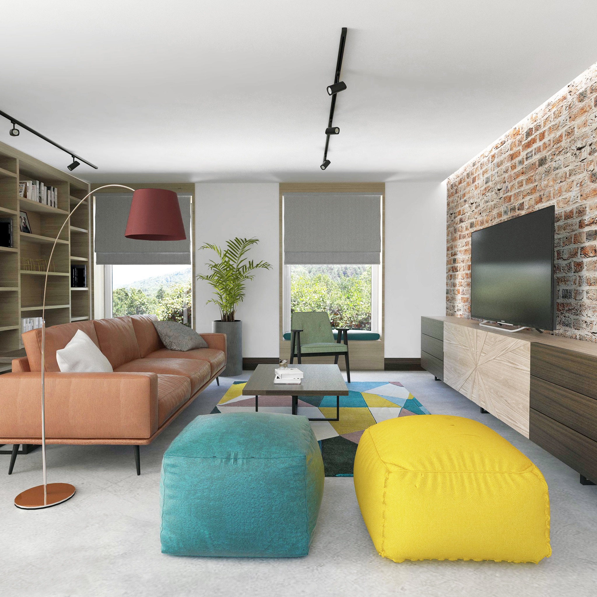 Jasny salon z ceglaną ścianą, brązową sofą, kolorowym dywanem i pufami w kolorze turkusowym i żółtym, oświetlony lampami sufitowymi i podłogowymi.