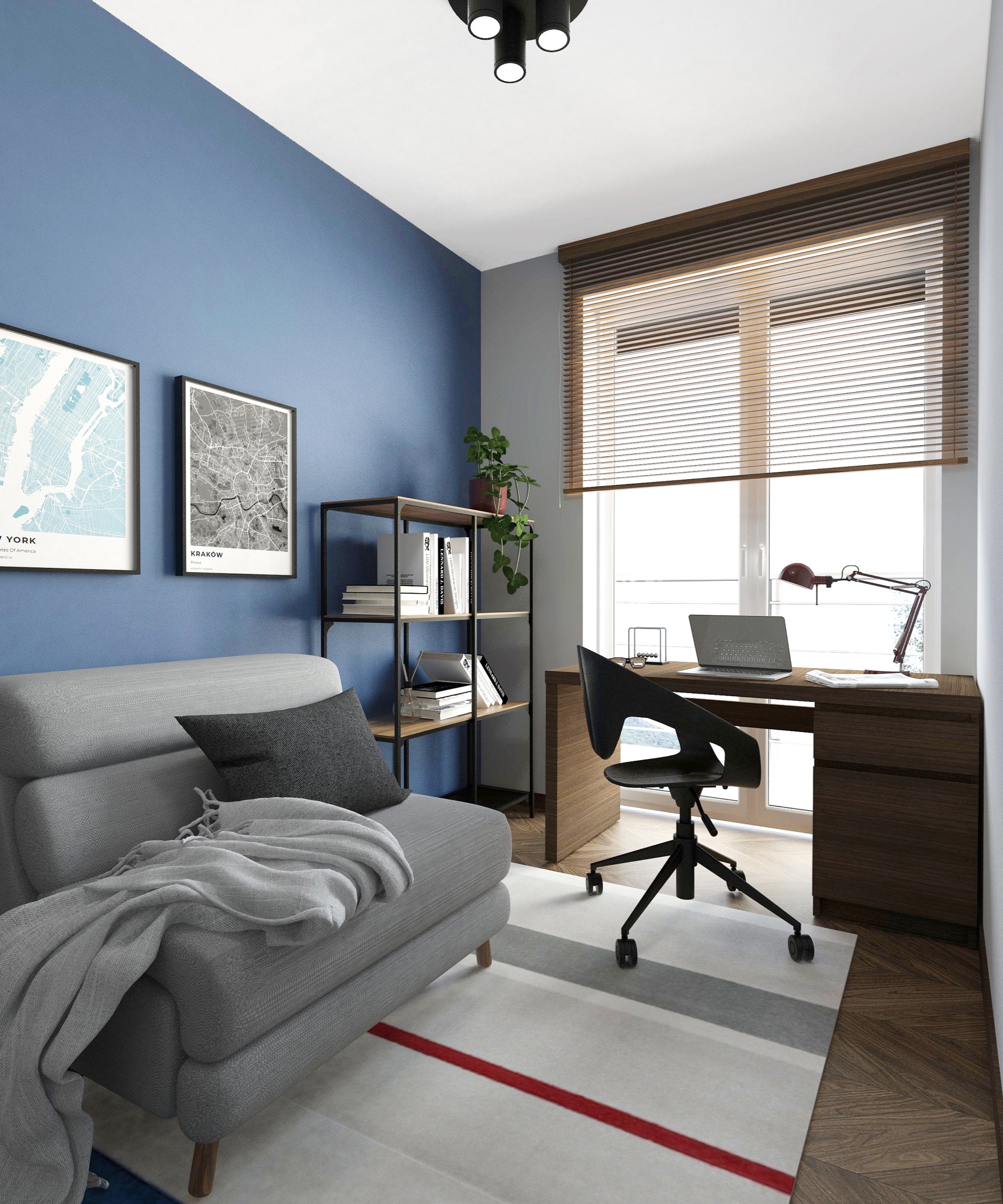 Wizualizacja pokoju do pracy z niebieską ścianą, plakatem z mapą Krakowa, szarą sofą z poduszką, biurkiem z laptopem i lampką, krzesłem biurowym oraz dywanem w paski.