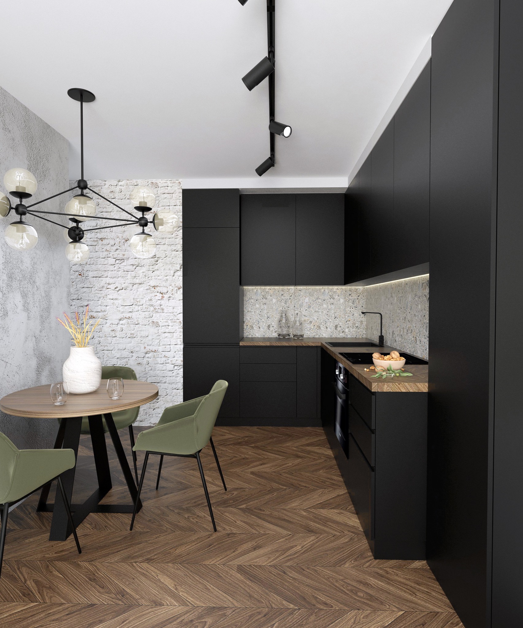 Wizualizacja nowoczesnej kuchni z czarnymi szafkami, drewnianym blatem i parkietem w jodełkę, oświetlona lampą wiszącą i reflektorami sufitowymi, z okrągłym stołem i zielonymi krzesłami.