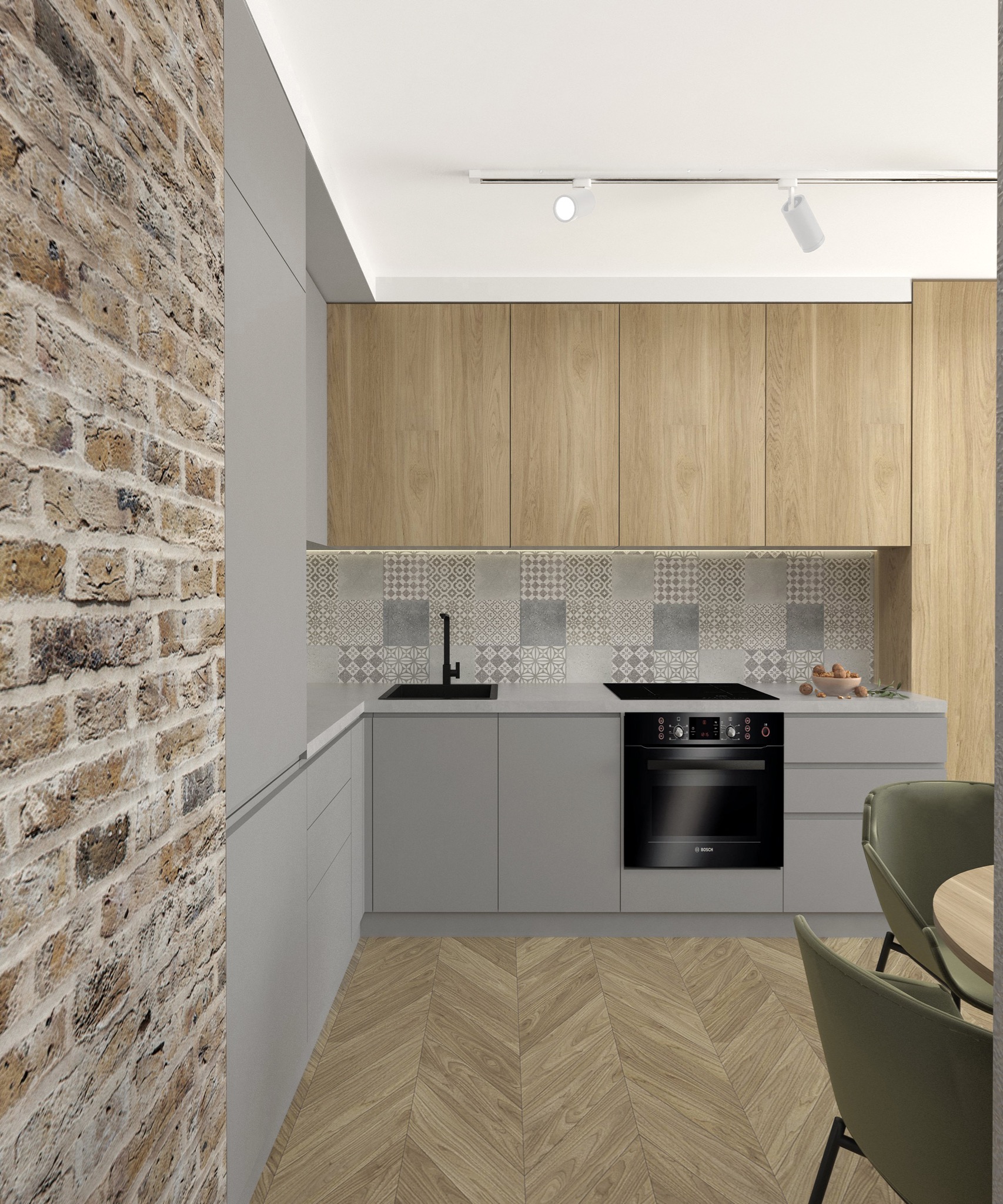 Wizualizacja kuchni z szarymi szafkami dolnymi i drewnianymi górnymi, mozaiką nad blatem, ceglaną ścianą z boku i parkietem w jodełkę na podłodze.
