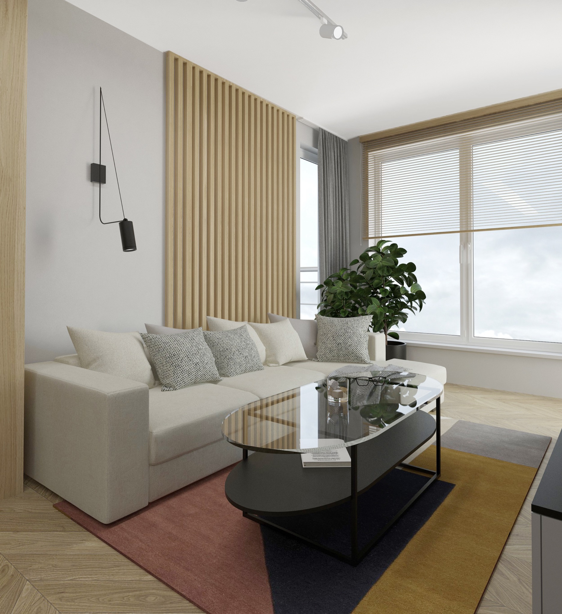 Jasny salon z narożną sofą, stolikiem kawowym z szklanym blatem, drewnianą ścianką działową z pionowych listew, rośliną doniczkową przy oknie z żaluzjami i nowoczesnym oświetleniem ściennym.