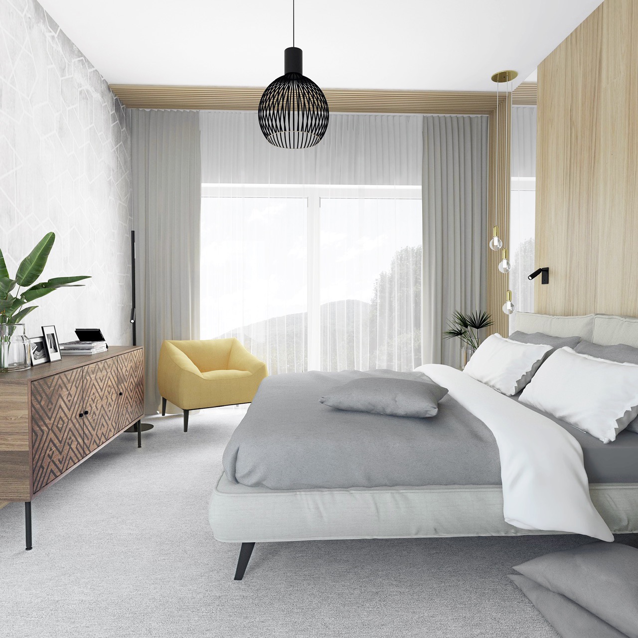 Jasna sypialnia z łóżkiem w odcieniach szarości i bieli, drewnianą komodą z geometrycznym wzorem, żółtym fotelem i oknem z widokiem na góry, oświetlona wiszącą lampą z czarnym ażurowym kloszem.