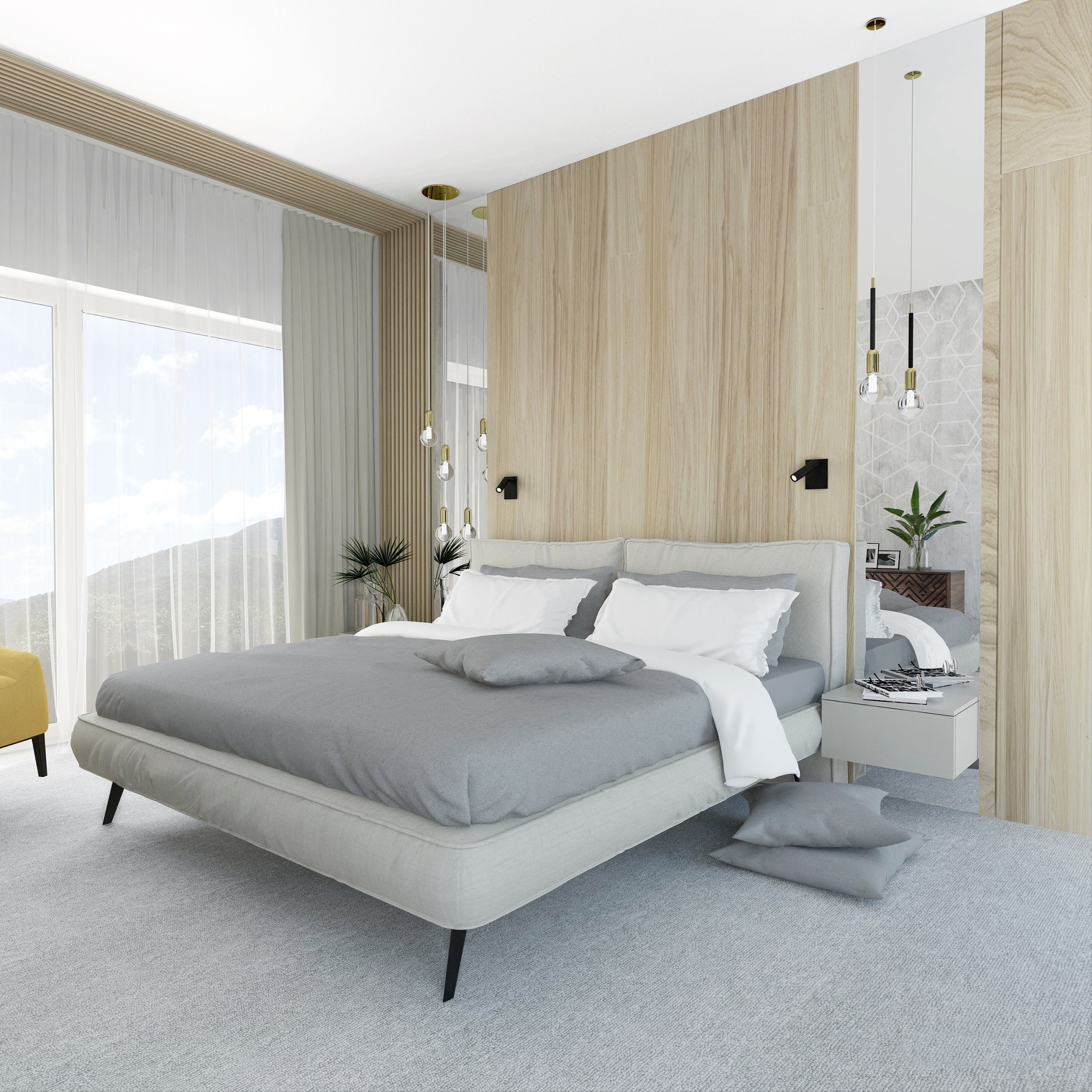 Nowoczesna sypialnia z łóżkiem kontynentalnym, drewnianą ścianą akcentową, wiszącymi lampami z elementami złota i widokiem na góry za oknem.