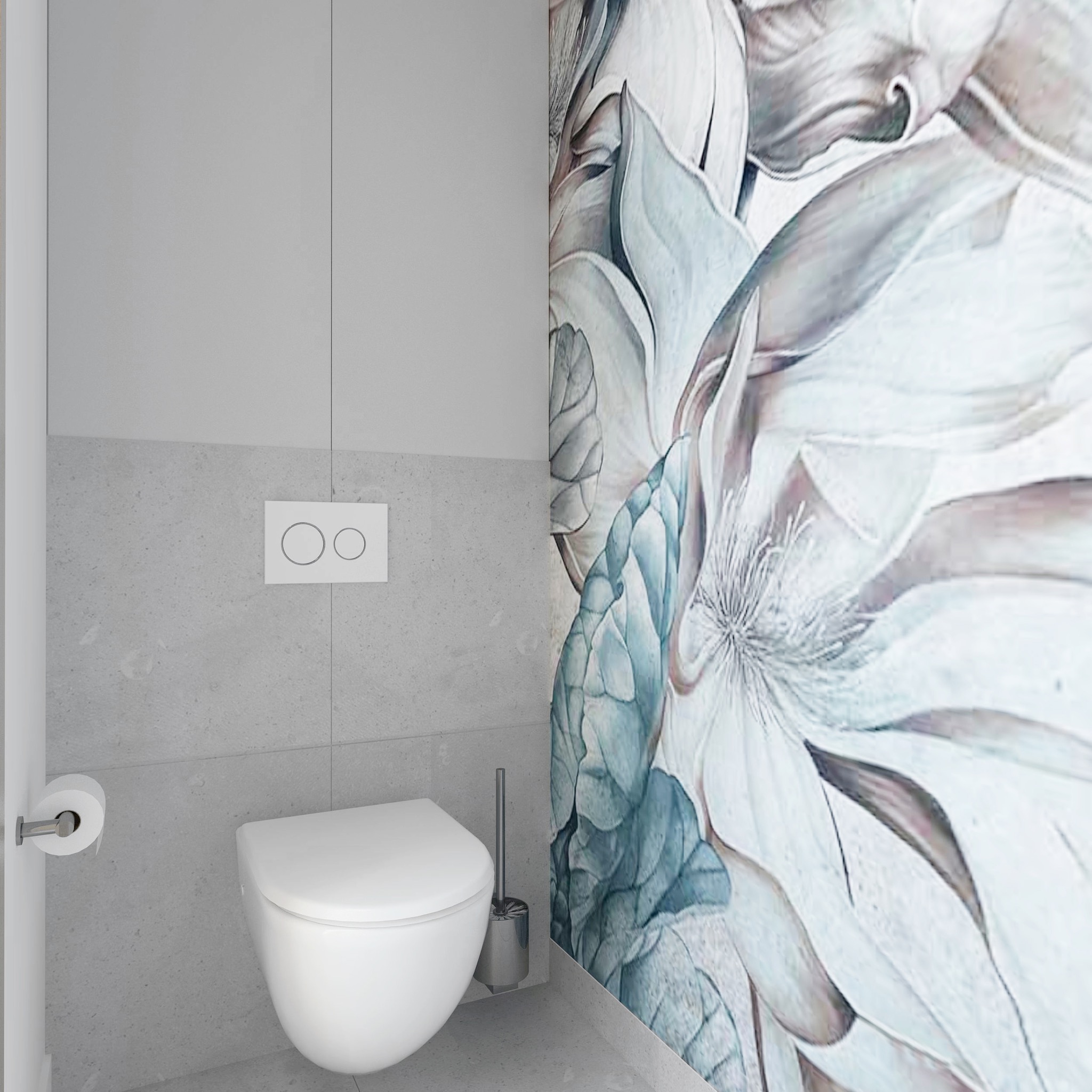 Nowoczesna toaleta podwieszana z szarymi płytkami i dużą fototapetą z motywem kwiatowym, szczotka do WC obok, minimalistyczny design.